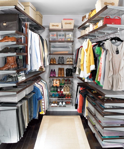Walnut & Platinum elfa d&eacute;cor Walk-In Master Closet