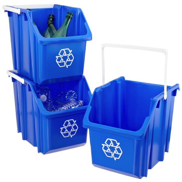 Blue 6 gal. Stackable Recycle Bin with White Handle The Container Store