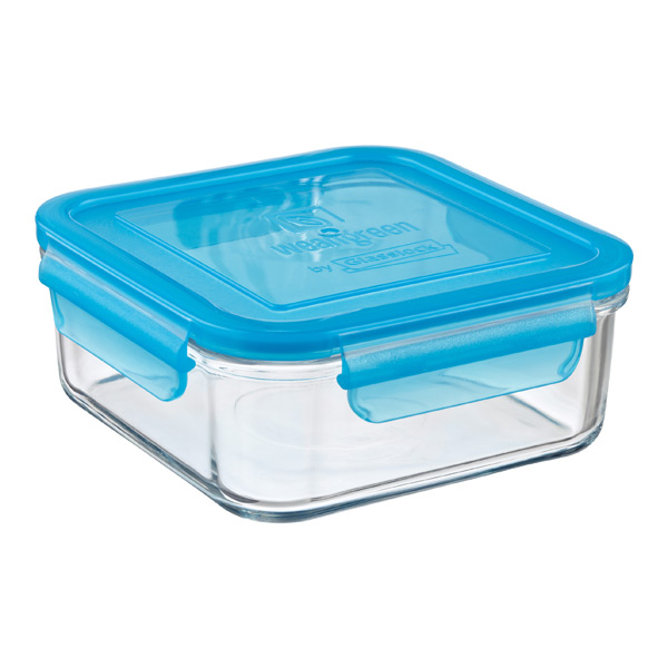 28 oz. Square Glass Container Blue Lid