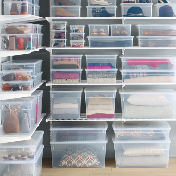 What are some typical uses of clear plastic storage boxes?