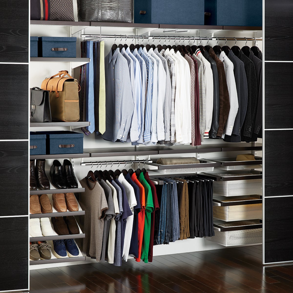 Walnut & White elfa décor Reach-In Closet | The Container Store Walnut & White elfa décor Reach-In Closet | The Container Store