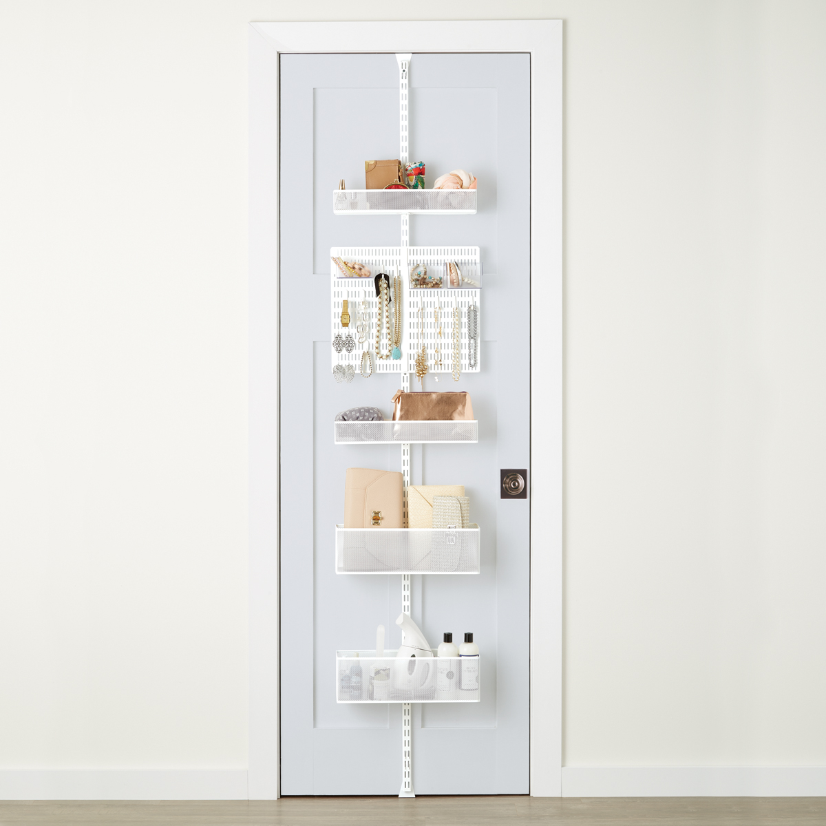 Elfa Classic White Walk-In Pantry with Door & Wall Rack