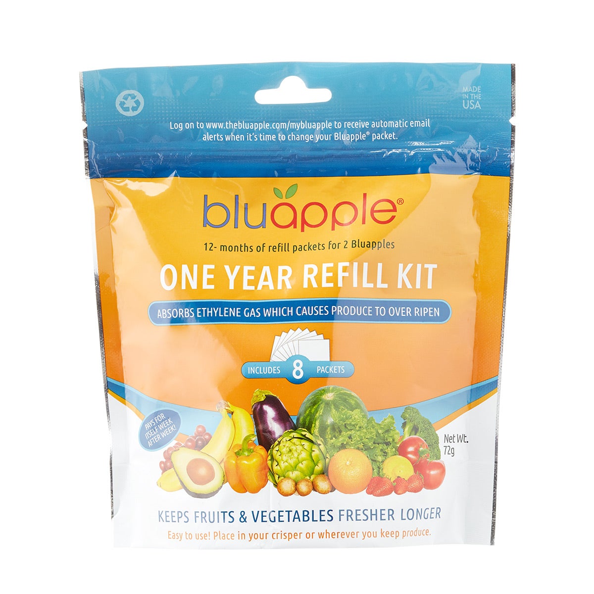 BluApple Produce Saver Refill Kit - Keep Fruits and Vegetables Fresh  Longer, 8 Veggie and Fruit Saver Packets, Each Packet Lasts up to 3 Months