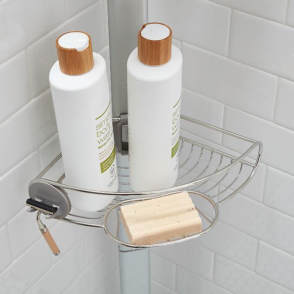 Tension Shower Caddy , Stainless Steel Corner Shower Caddy Stand Storage  Organizer with Rustproof Tension Pole for Bathroom Bathtub Shampoo Soap