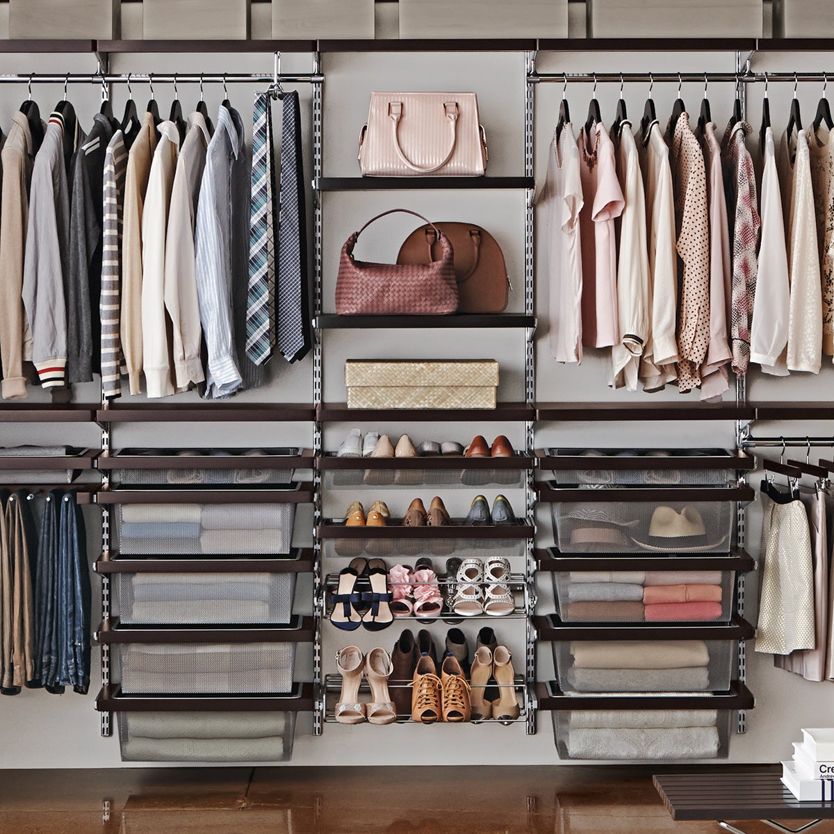 Elfa Decor 10 Walnut Platinum His Hers Closet Wall The Container Store