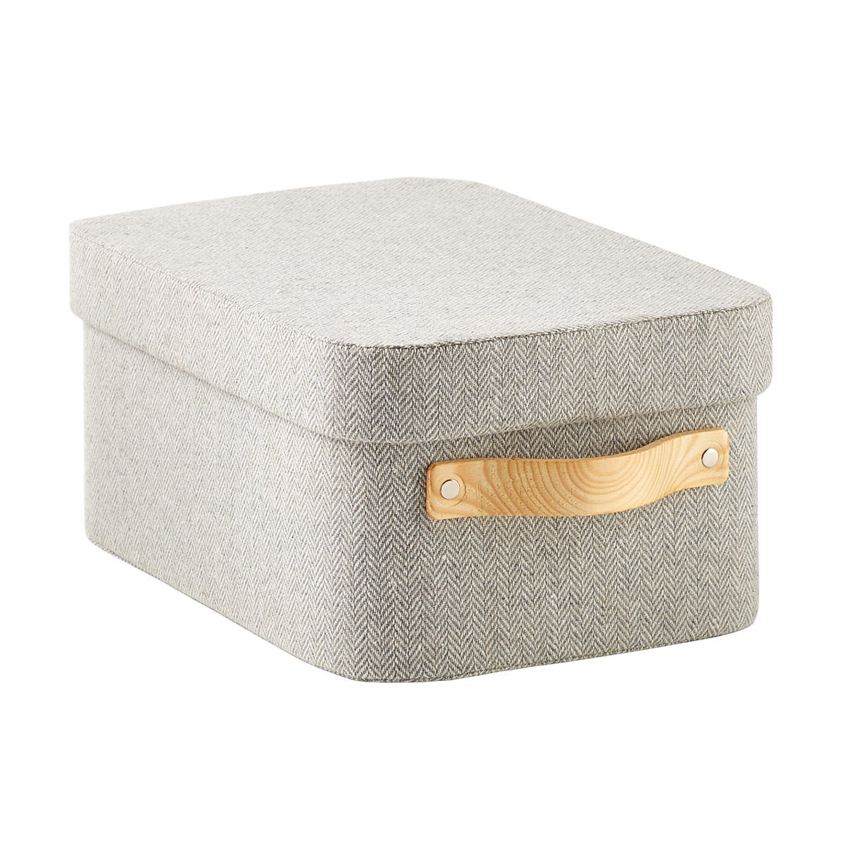 Grey Herringbone Storage Boxes With Wooden Handles The Container Store
