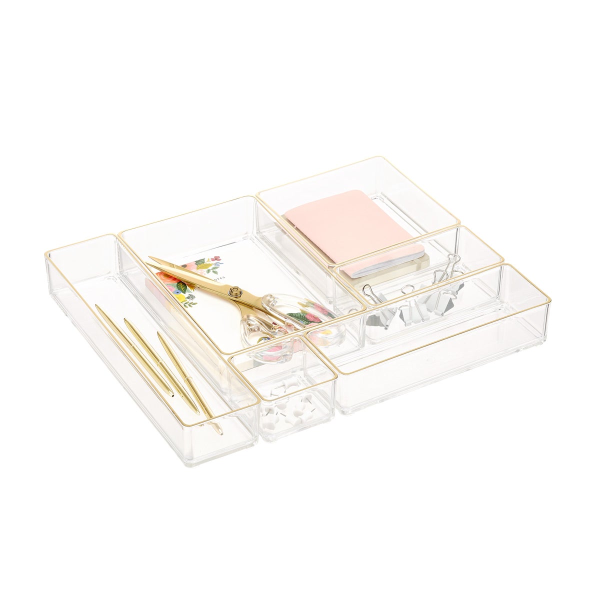 Clear Acrylic Stackable Drawer Organizers Gold Trim Set of 6