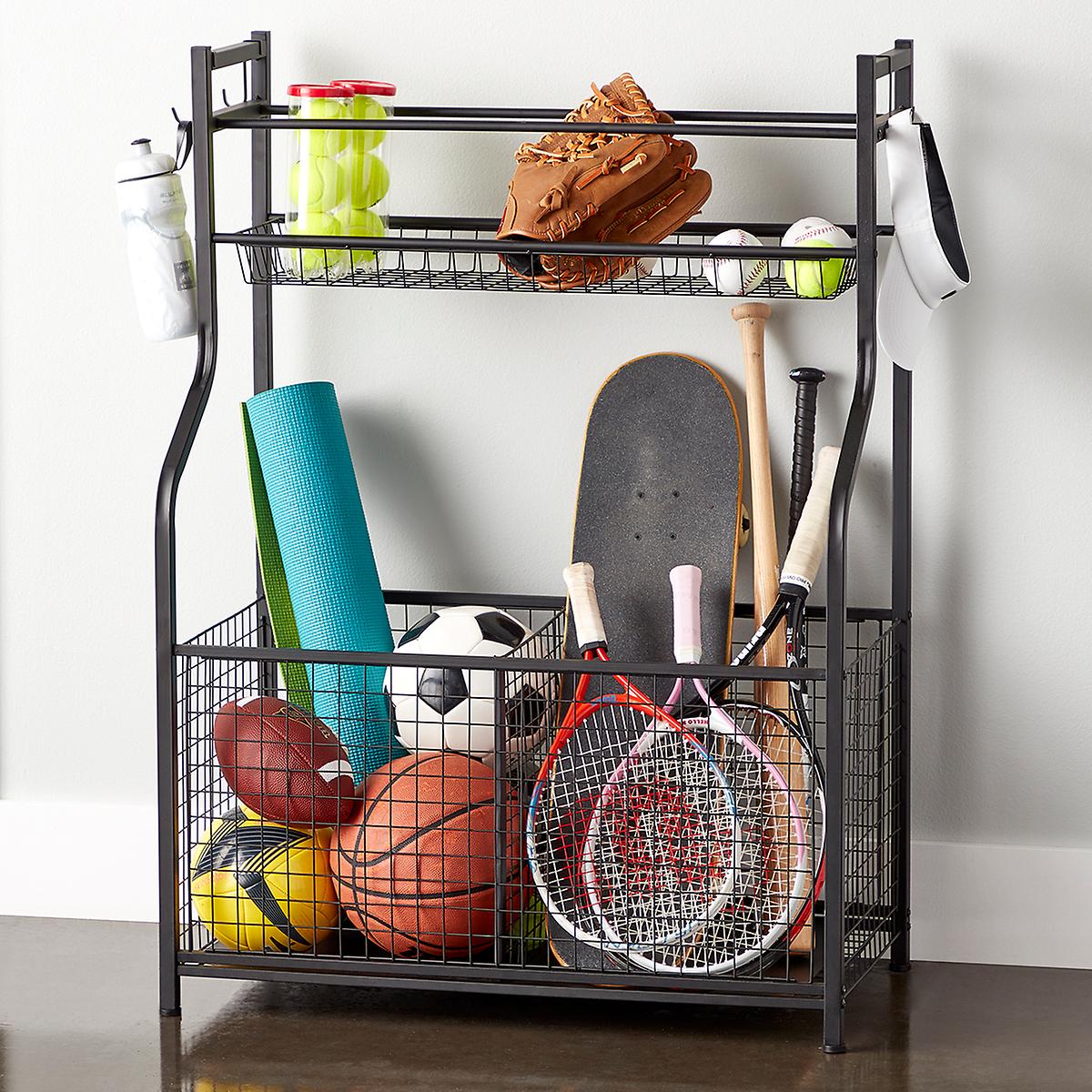 Steel Ball Storage Rack Garage Sports Equipment Oganizer With Baskets and Hooks Sports Gear Storage Rolling Sports Ball Storage Cart Omreid Garage Storage System Powder Coated For Adult,Black 