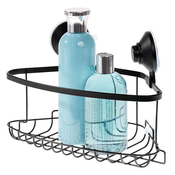 iDesign Everett Metal Push Lock Suction Corner Shower Caddy, Extra Space for Shampoo, Conditioner, and Soap with Hooks for RA
