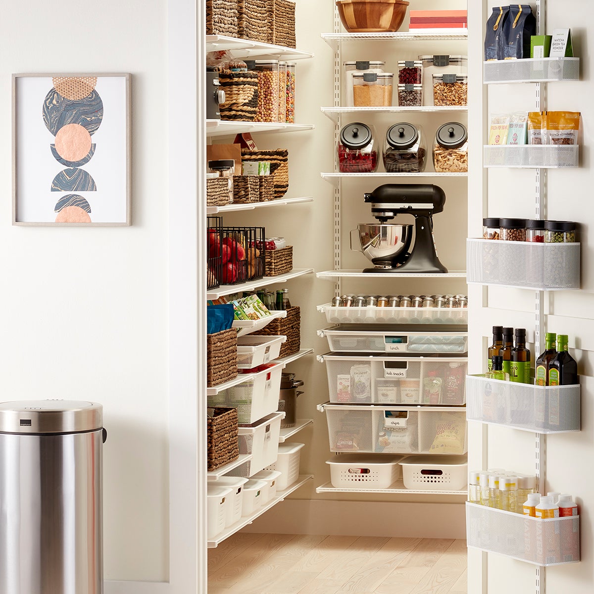 Elfa Classic White Walk In Pantry with Door Wall Rack The
