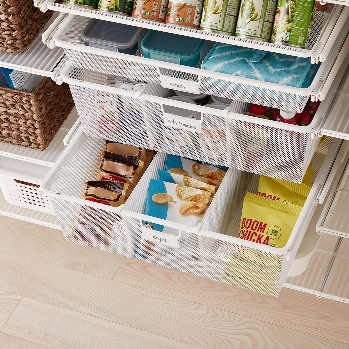 Elfa Classic White Walk-In Pantry with Door & Wall Rack