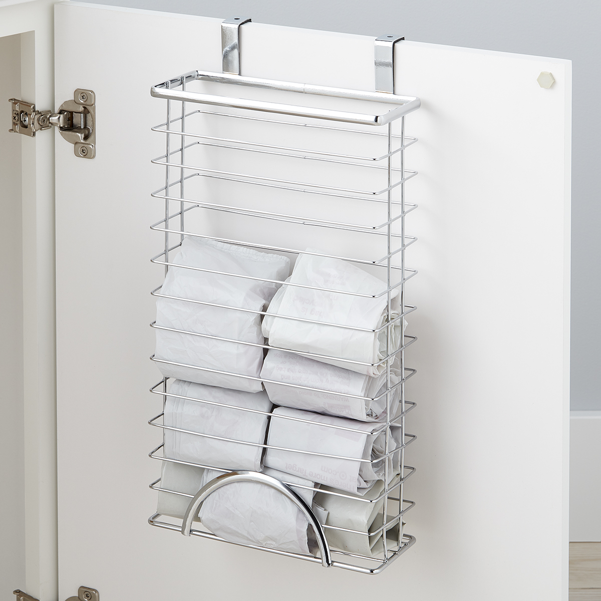 Basicwise Over Cabinet Metal Plastic Bag and Grocery Bag Storage Holder, Chrome