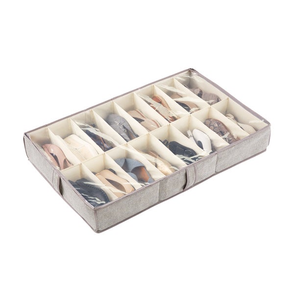 Grey 16-Compartment Under Bed Shoe Organizer