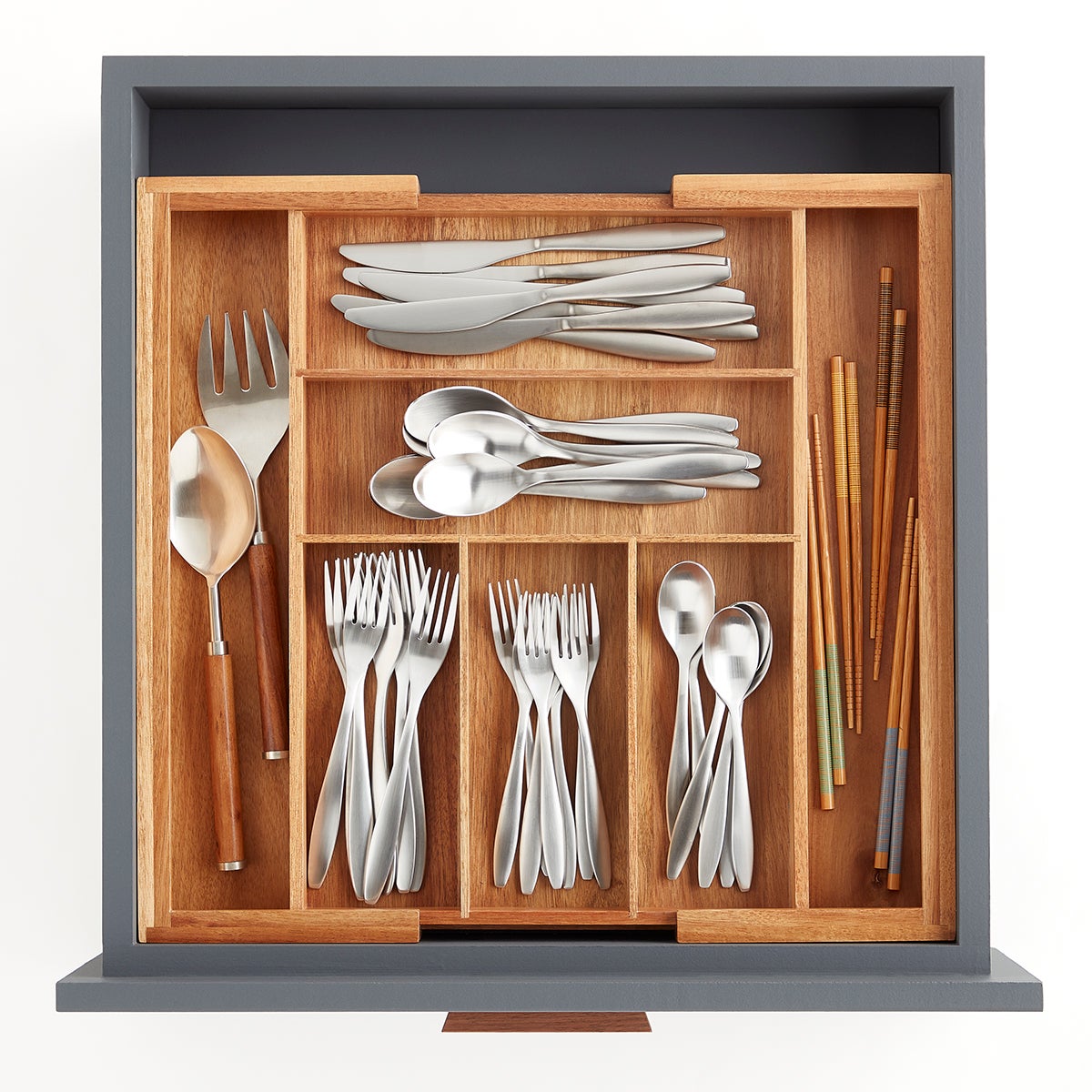 Expandable Acacia Silverware Tray The Container Store