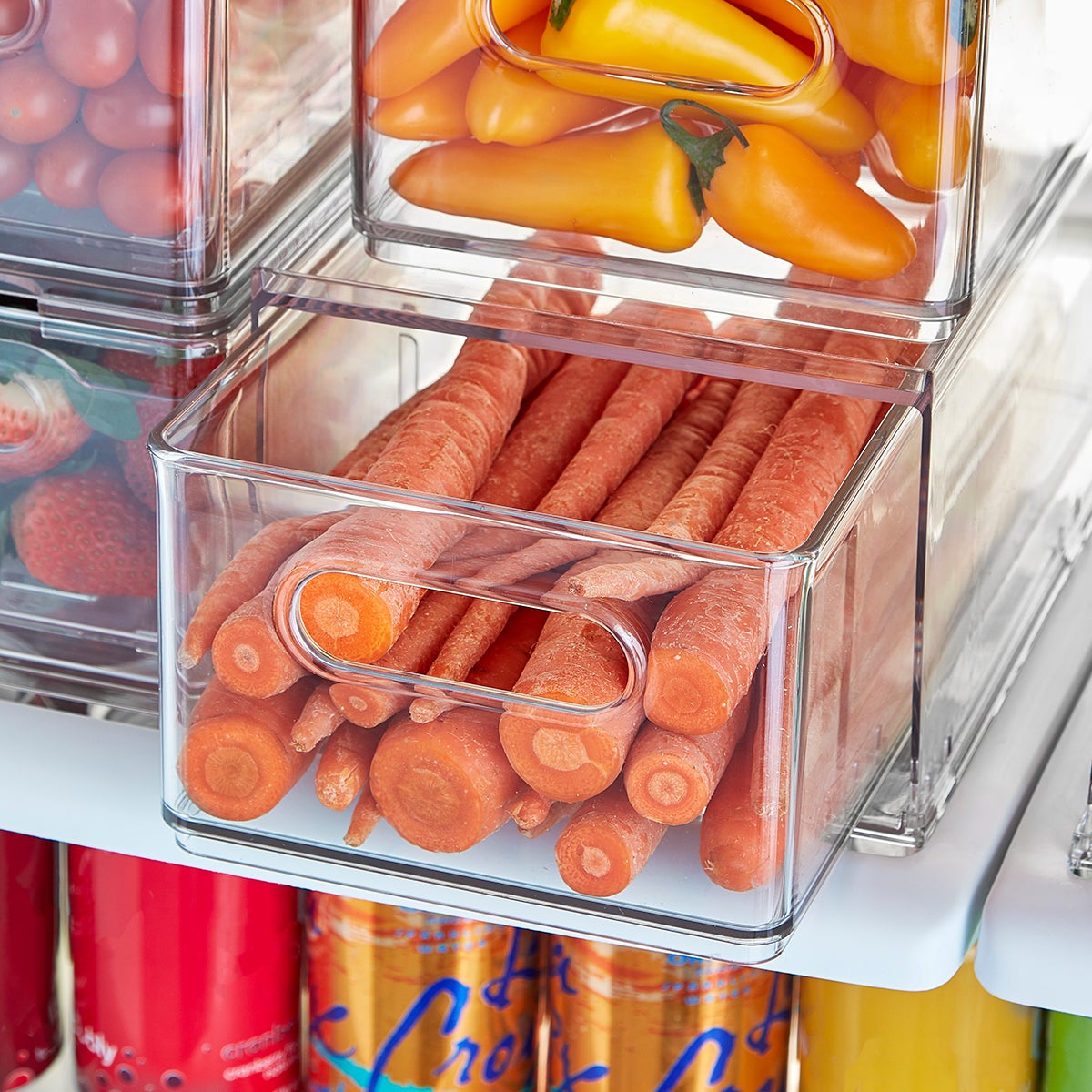 Fridge Drawer Pull Out Stackable Bins with Handle Clear