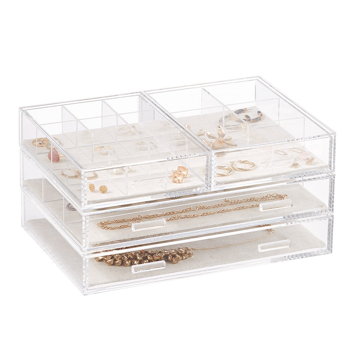 Luxe Acrylic Stacking Drawer Organizers Gold Trim Set of 5 | The Container Store