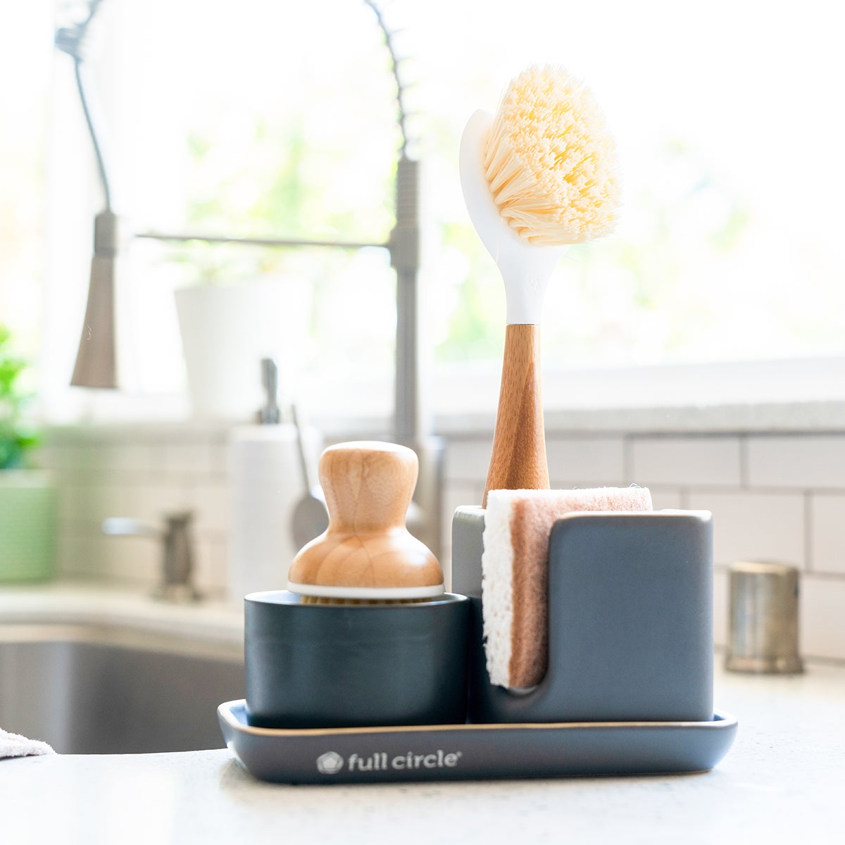 Handmade Ceramic Kitchen Sink Caddy With Glass Bottle Soap and Sponge Holder,  Brush Organizer 