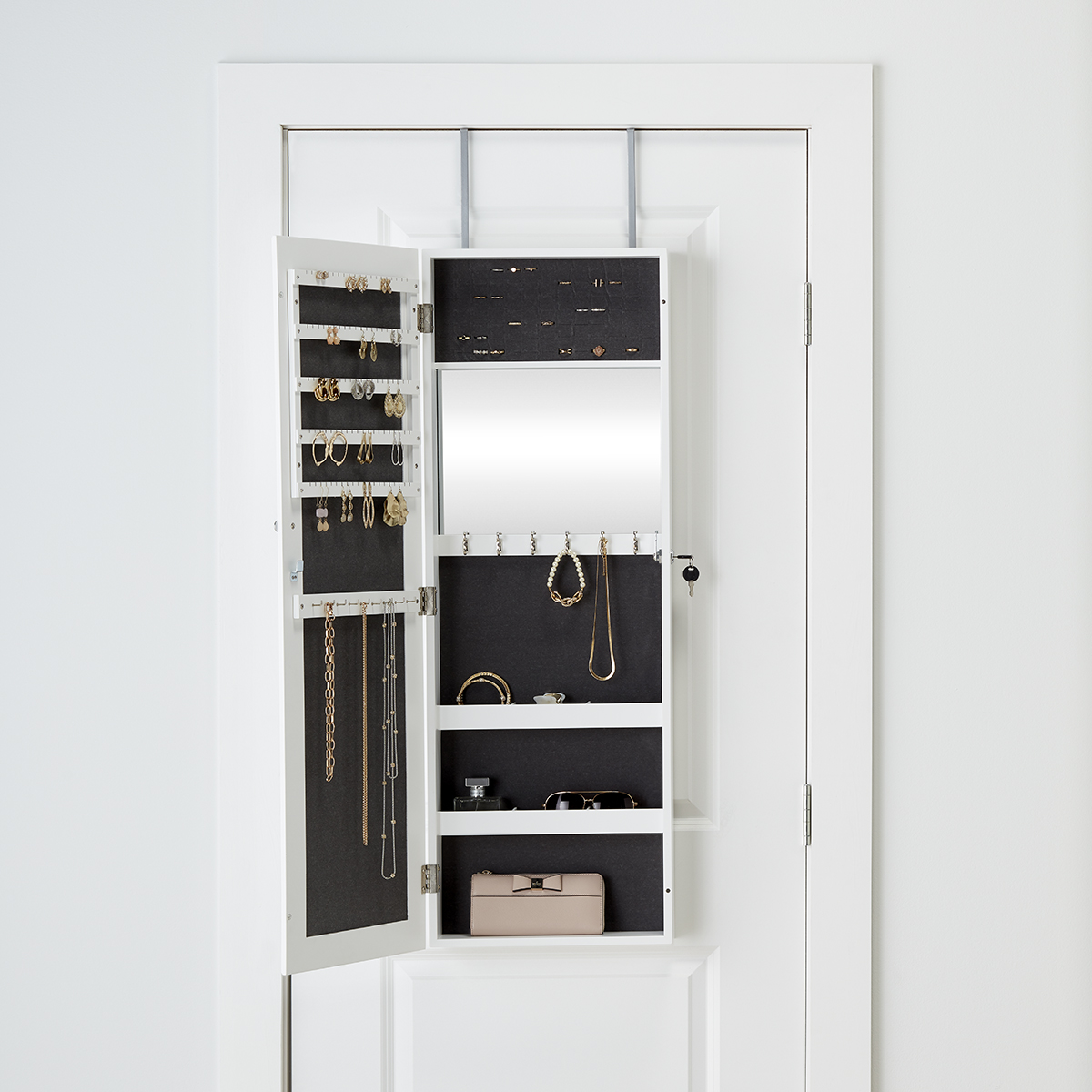 Mirrored White Wood Hanging Jewelry Armoire  Storage Over the Door Organizer 