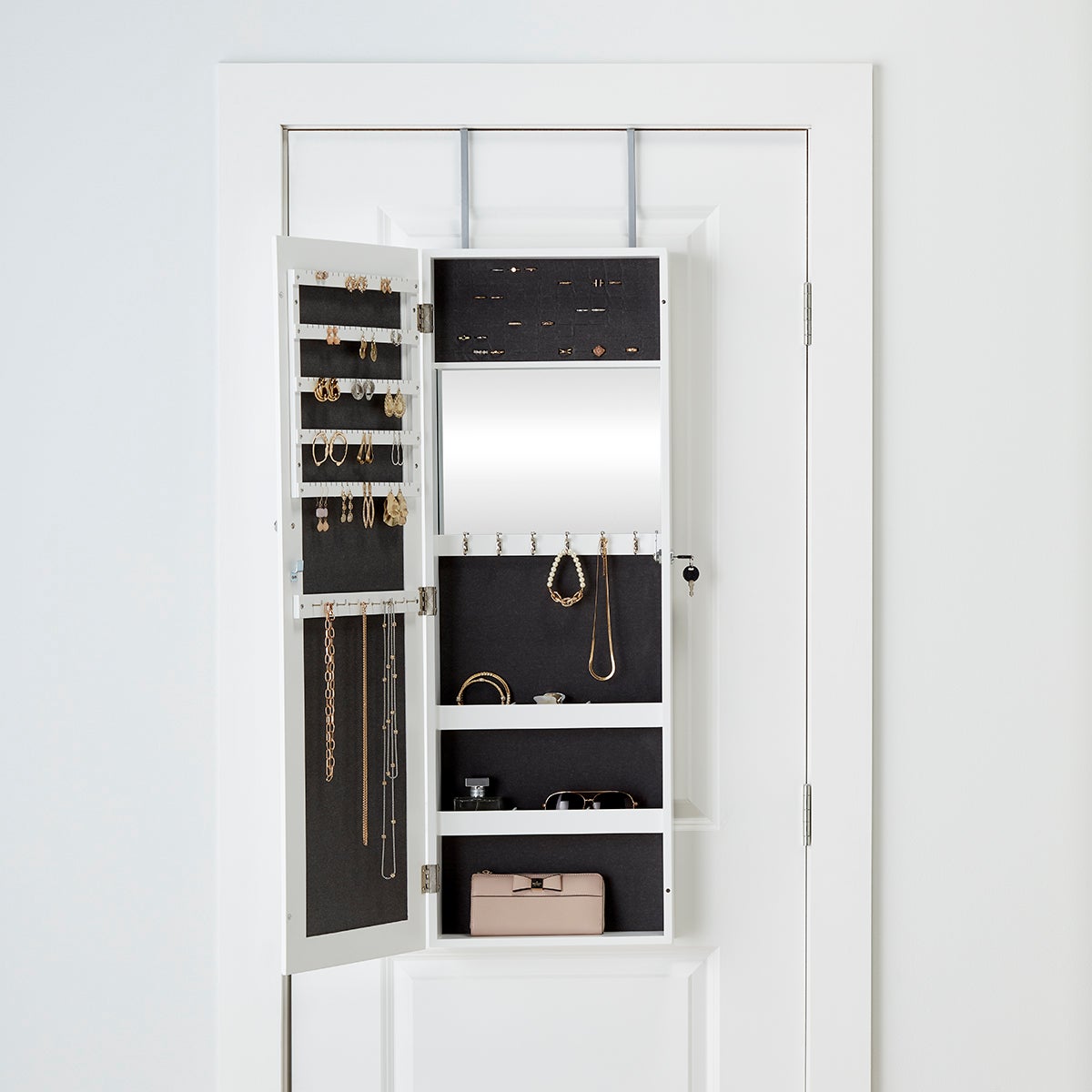 White Over-The-Door Mirror Jewelry Organizer