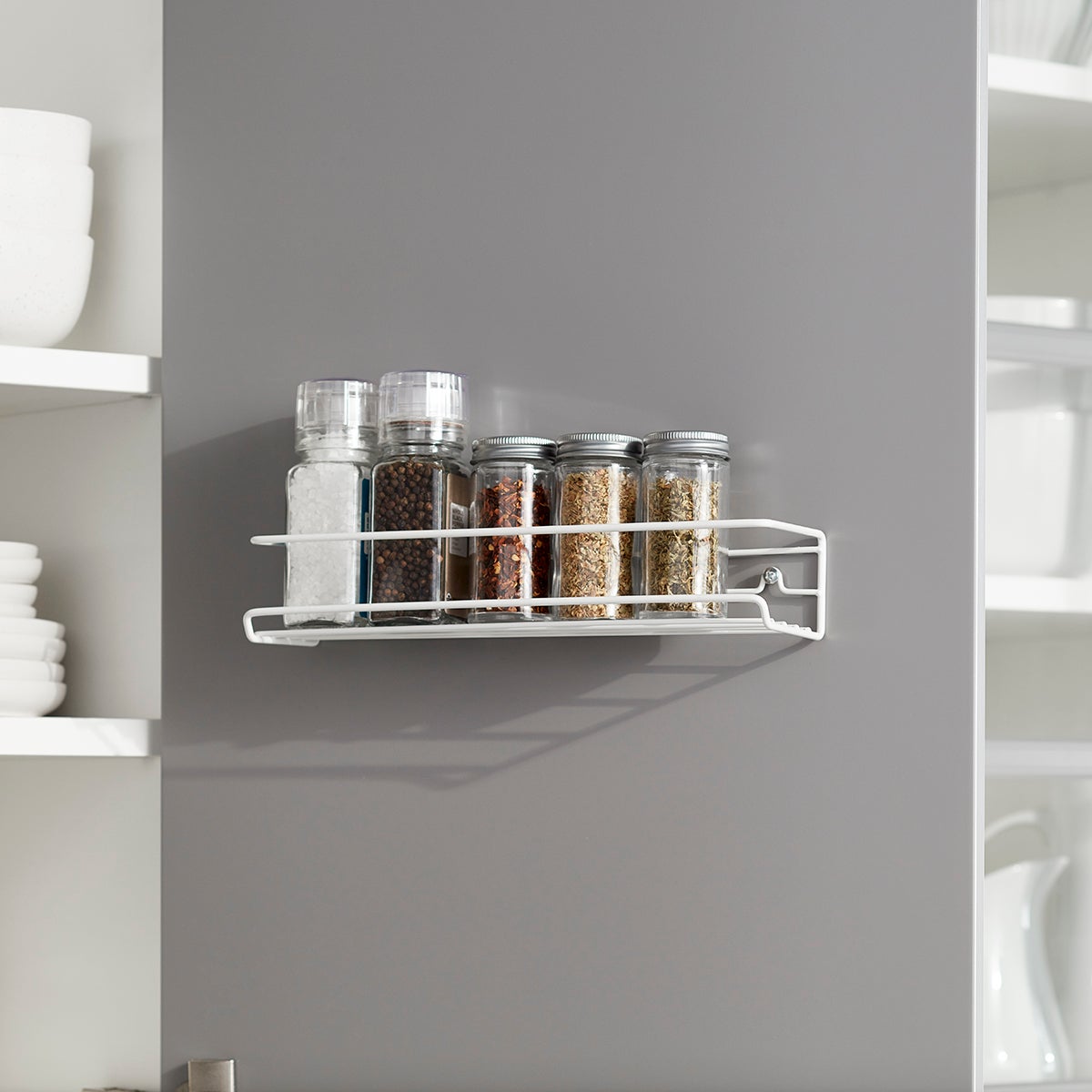 White Steel Hanging Spice Rack with Paper Towel Holder