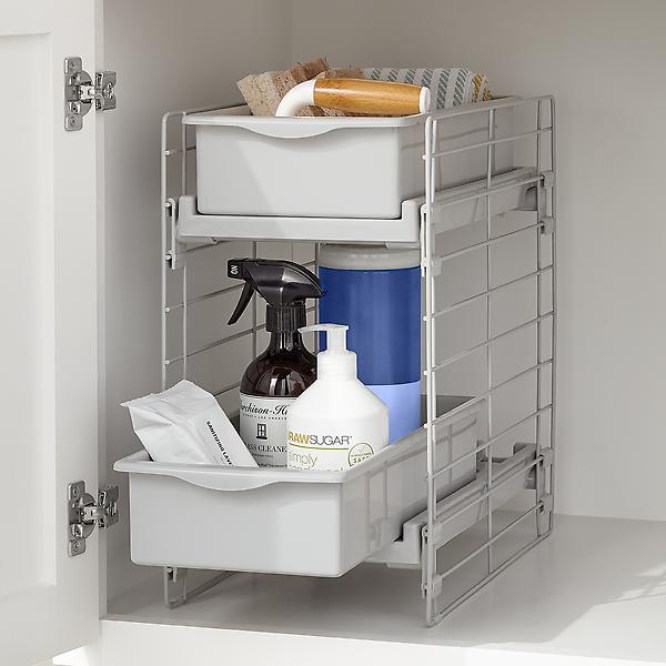 2 Tier White Bathroom Sink Organizer Pull-Out Sliding Storage Drawer