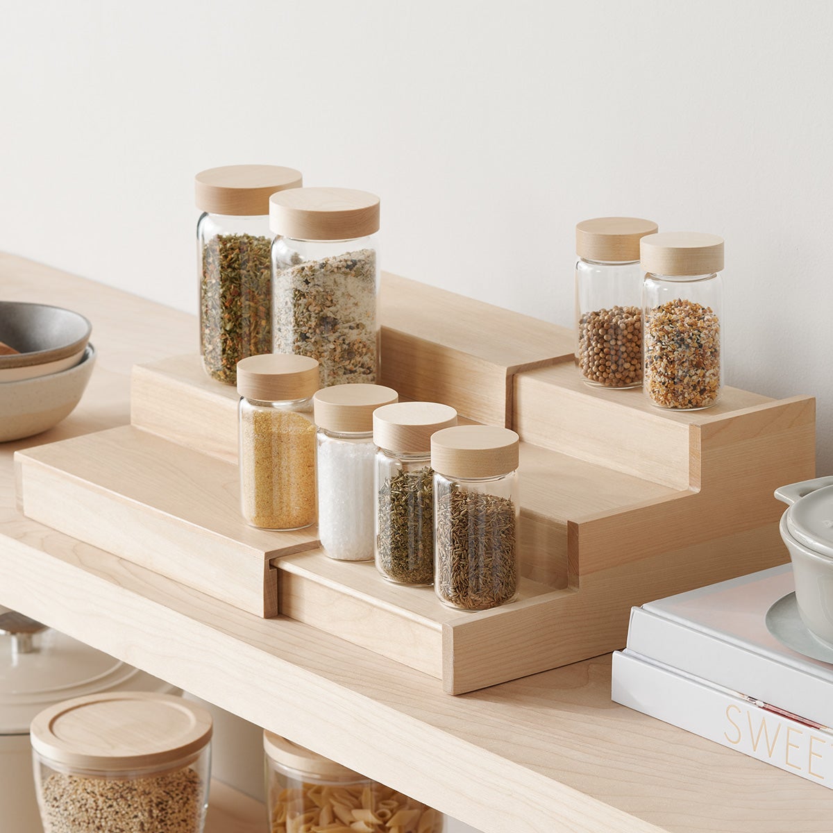 Wooden Spice Glass Jars Organizer - Expandable 3-Tier Shelf