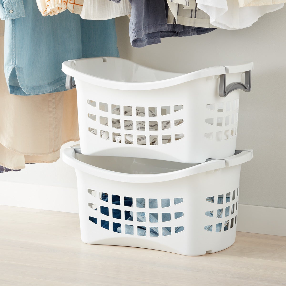 White Stackable Laundry Basket with Grey Handles