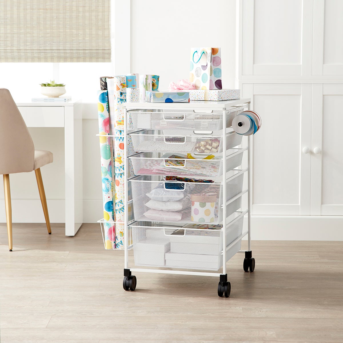 Gift Wrap Organizer Cart with Colorful DIY Drawer Labels  Organization cart,  Gift wrap organization, Wrapping paper storage