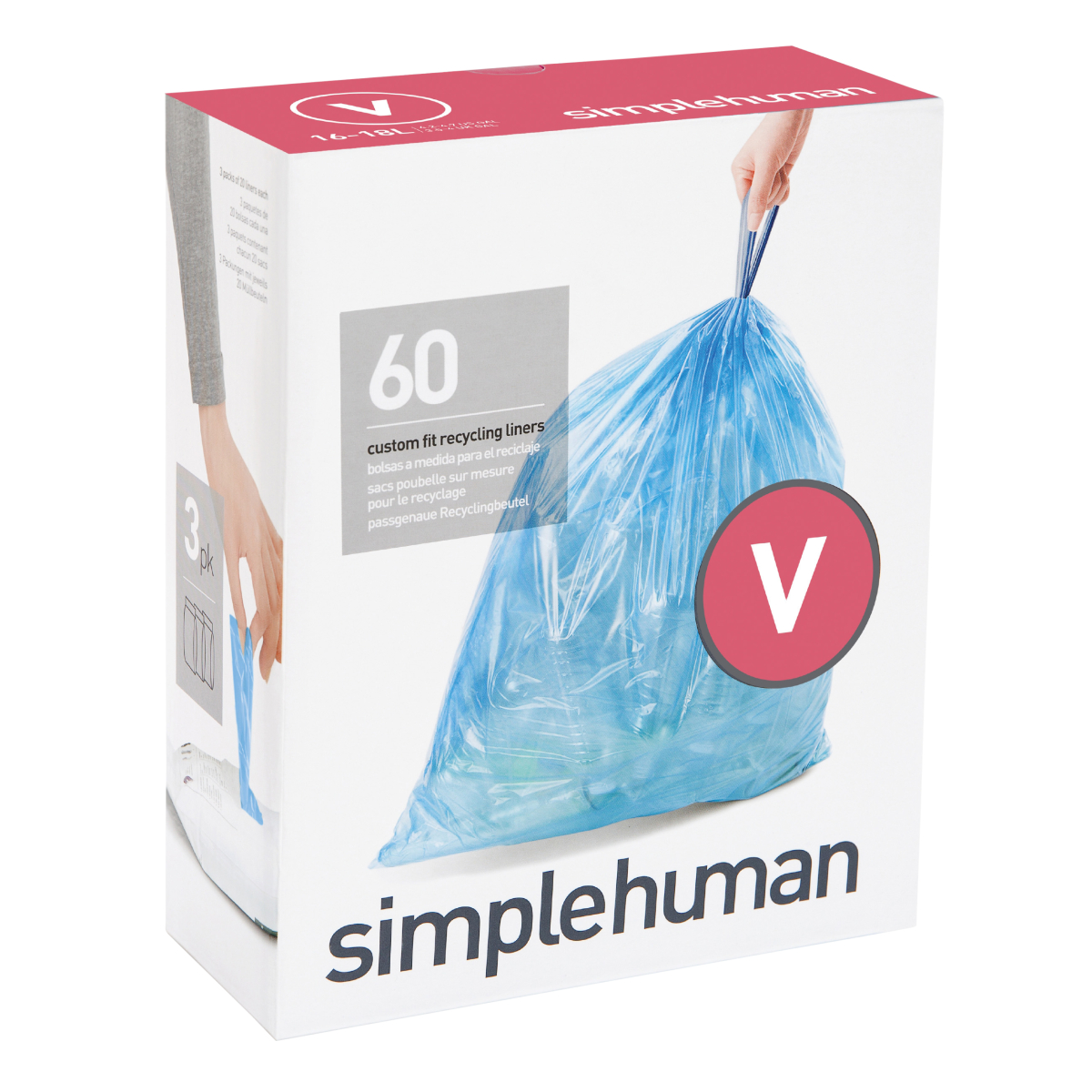 Simplehuman Code V Custom Fit Recycling Can Liners, 4.2-4.8 Gallon - 60 count