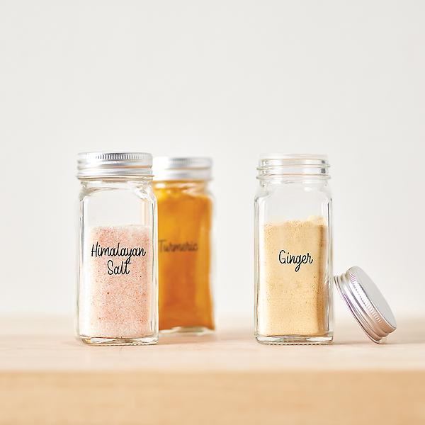 Labelled Square Spice Jars With Shaker Inside Tops and Gold Lids