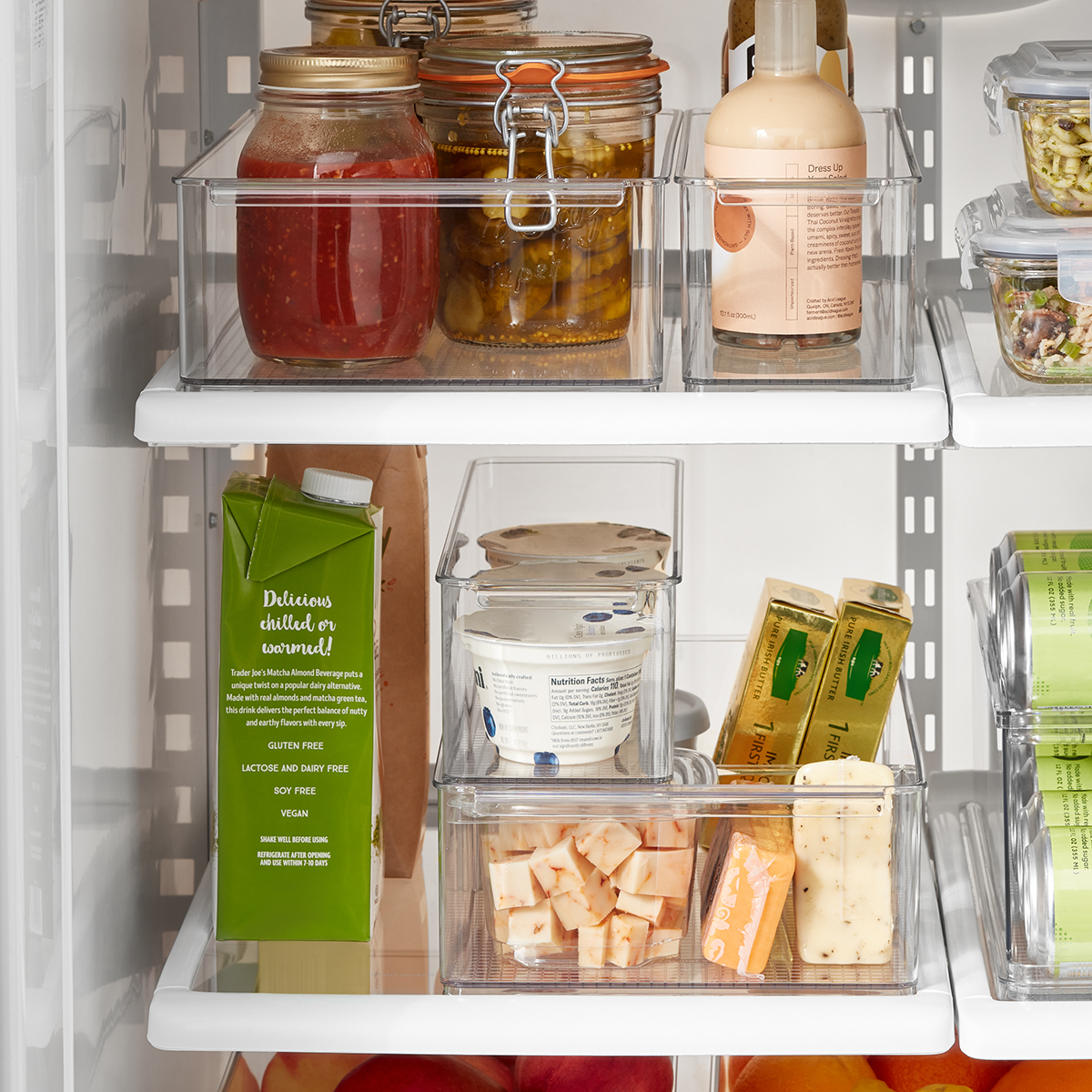 Heyuzb Set of 8 Refrigerator Organizer Bins - 4 Large and 4 Medium Stackable Plastic Clear Food Storage Bin with Handles for Pantry, Freezer, Fridge
