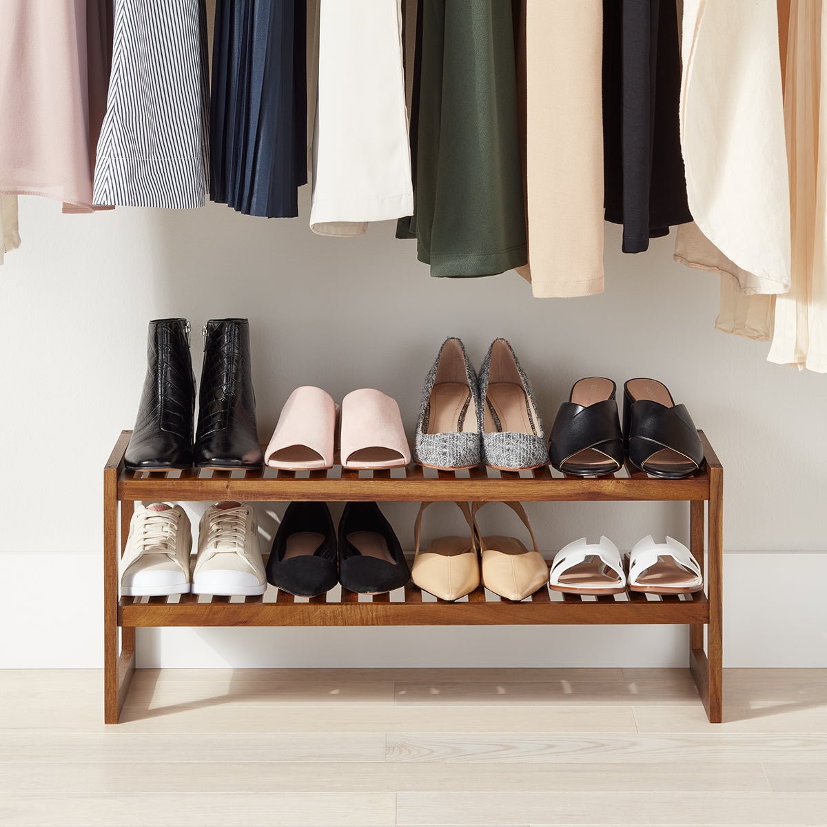 Natural 2-Tier Wood Shoe Rack