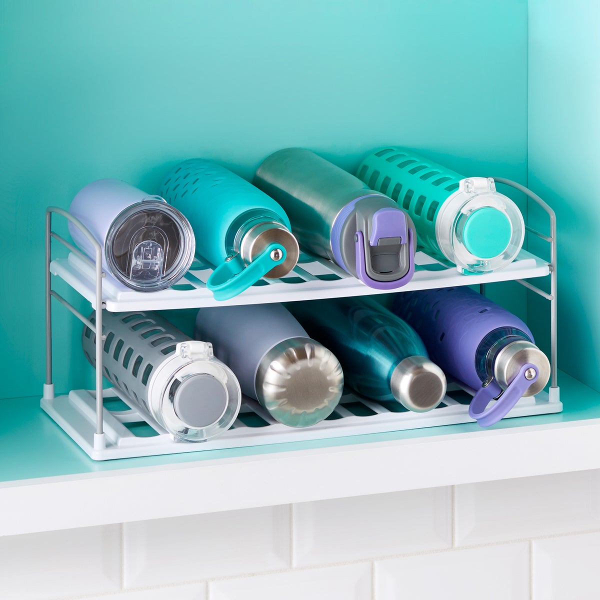 3 Tier Stackable Water Bottle Organizer for Cabinet - 9 Bottle