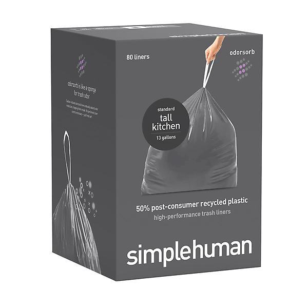 simplehuman Extra Strong Odor-Absorbing Tall Kitchen 13 Gallon Drawstring Trash Bags, 50% PCR Content, 80 Count