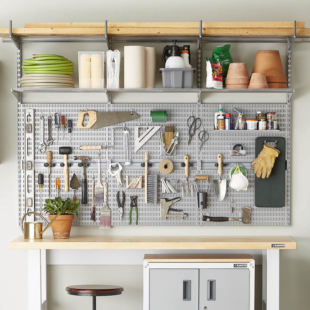 Elfa Garage Planting Pegboard Shelves | The Container Store