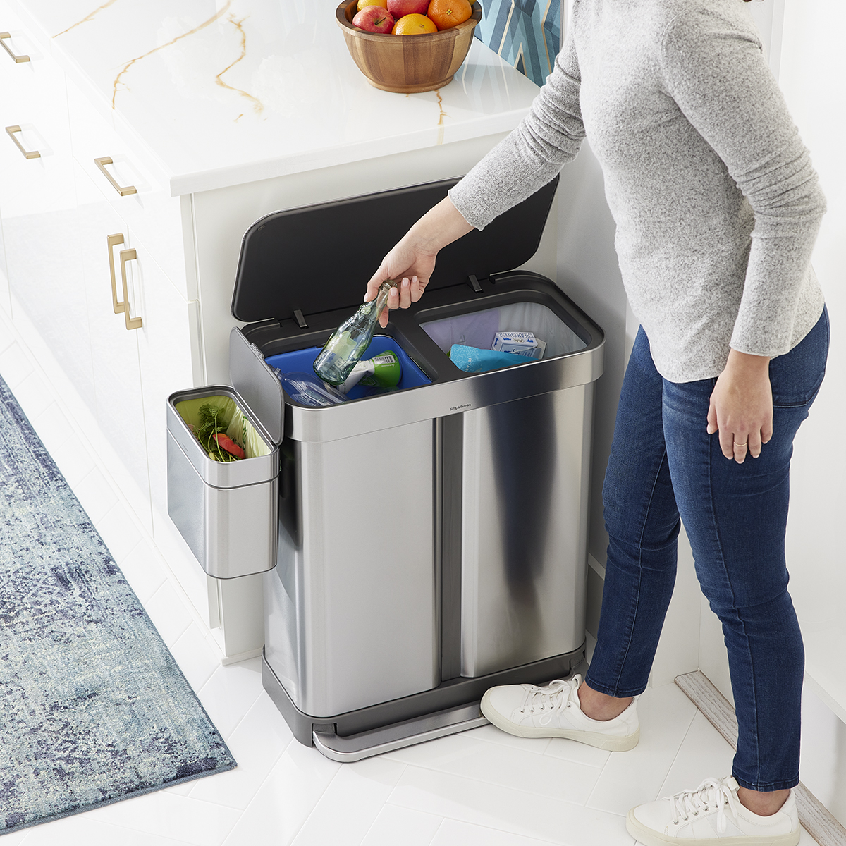Simplehuman 58L Dual Compartment Step Can with Compost Caddy and Code H  Liners