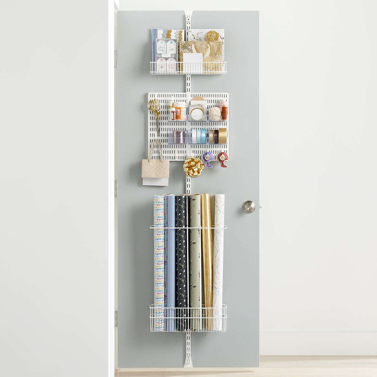 White Elfa Utility Mesh Gift Packaging Over the Door Rack Solution The Container Store