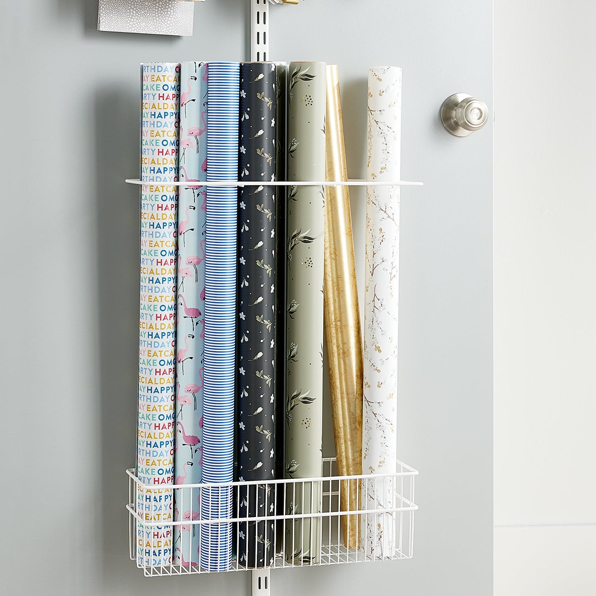 White Elfa Utility Mesh Gift Packaging Over the Door Rack Solution