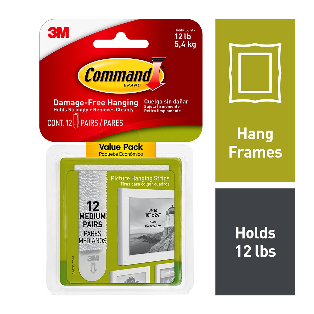 3M Command Picture Hanging Strips, Medium, White - 12 Pack