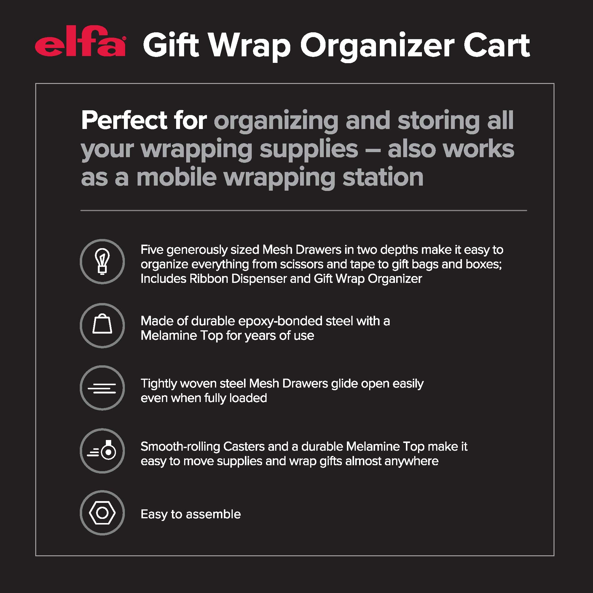  The Container Store Elfa Gift Wrap Cart (White), Storage Cart, Storage Cart on Wheels, Mobile Gift Packaging Organizer