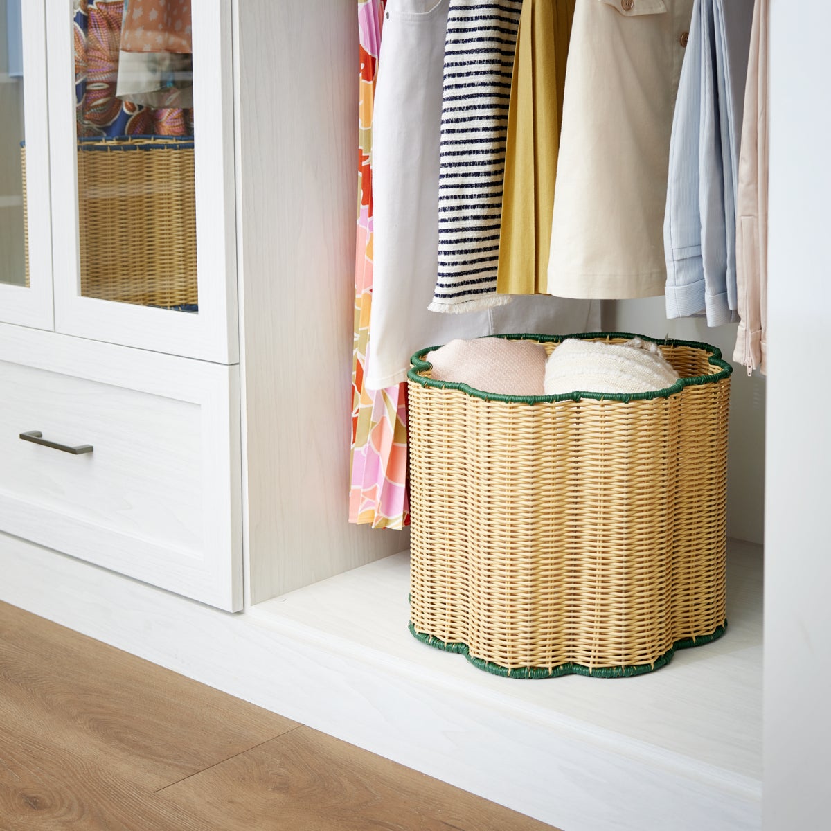 The Container Store Scalloped Edge Faux Rattan Bins
