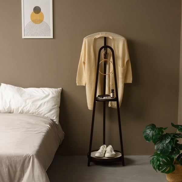 Compactor Hector Valet Stand & Clothes Rail - Varnished Birch Wood, 33x28.5x97cm, Mobile With Wheels For Bedroom