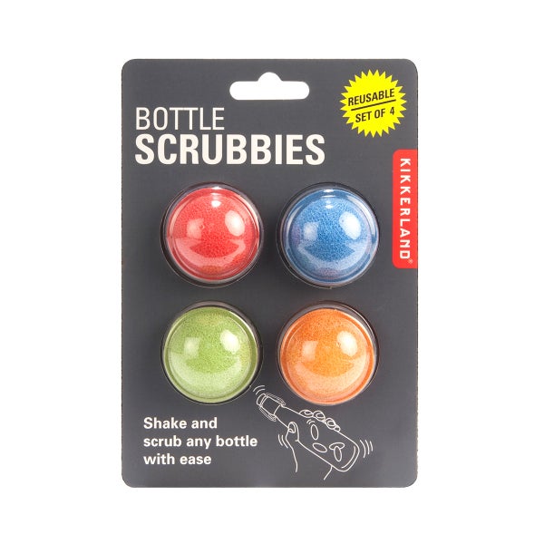 A black package with four colorful bottle scrubbers inside