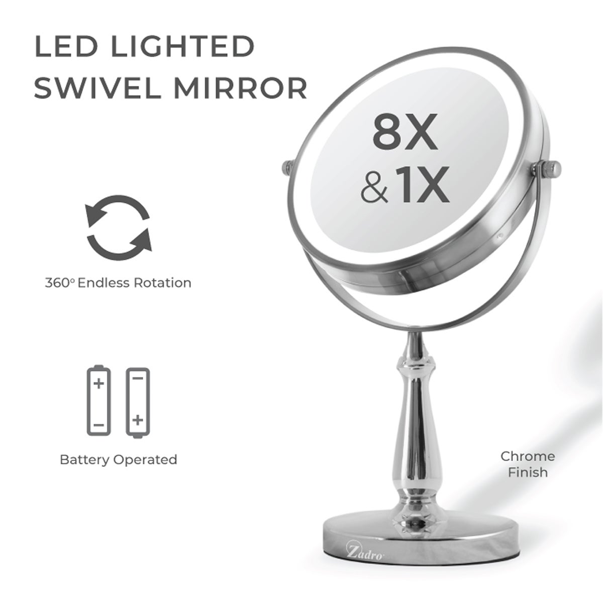 Zadro 9-Inch 8X Magnification Two-Sided Swivel Vanity Mirror - Satin Nickel Finish - View #7