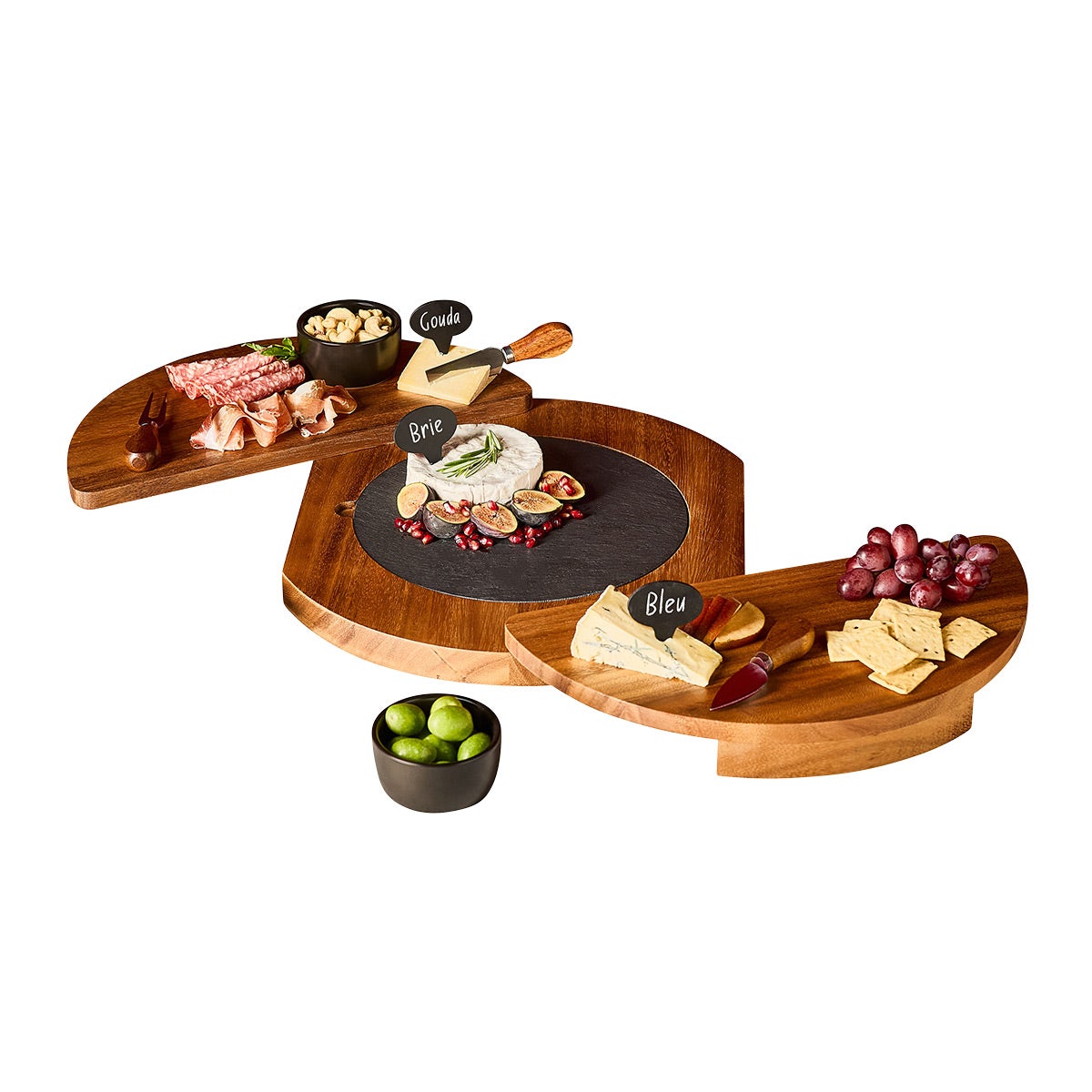 Wine Enthusiast Acacia Wood and Slate Swivel Top Cheese Board Set - Thumbnail 4