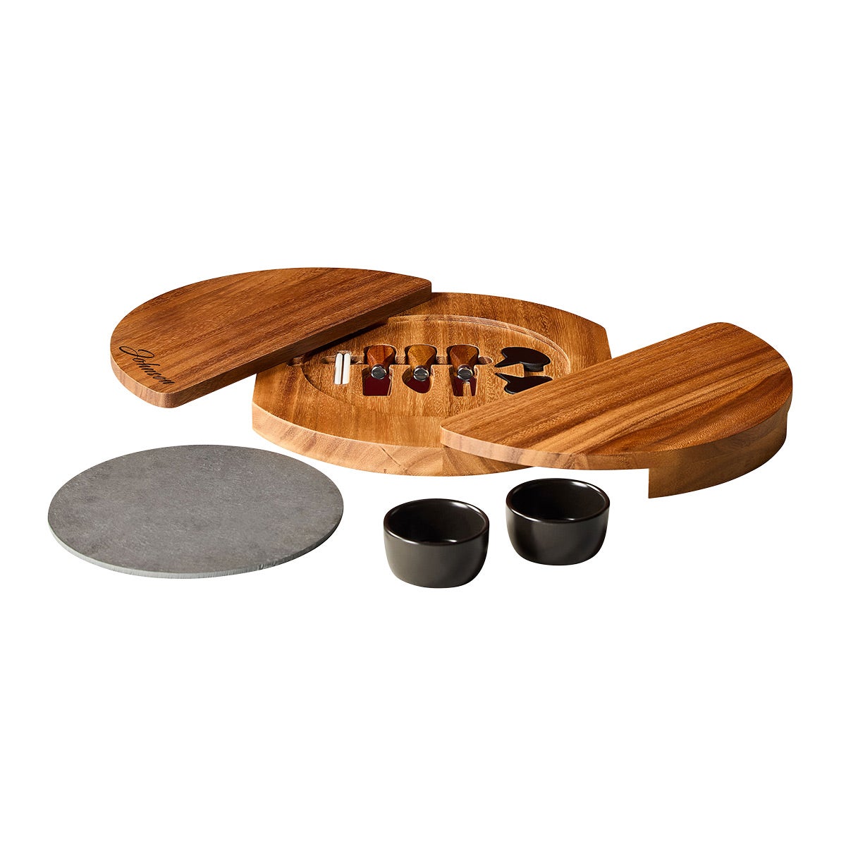 Wine Enthusiast Acacia Wood and Slate Swivel Top Cheese Board Set