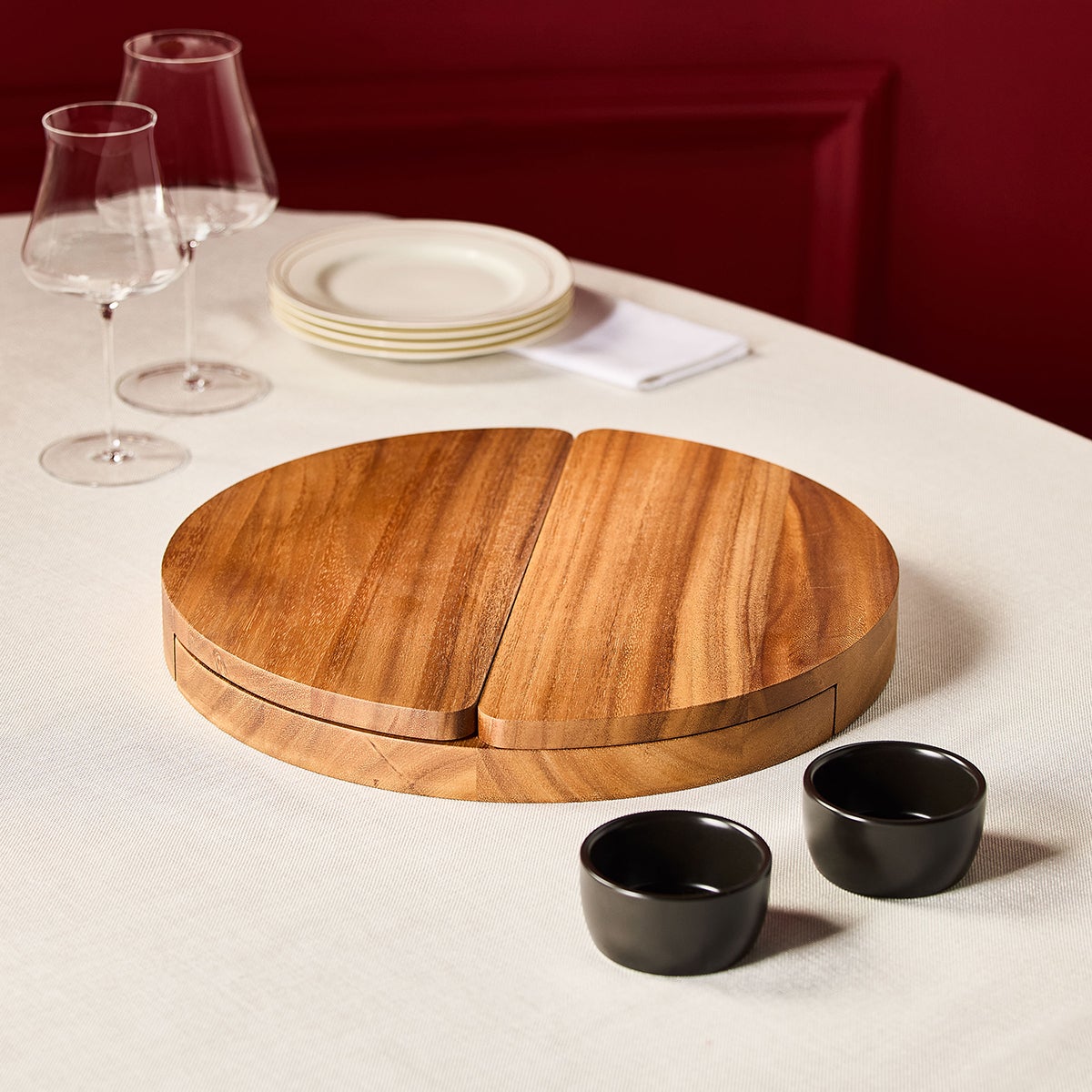 Wine Enthusiast Acacia Wood and Slate Swivel Top Cheese Board Set - Thumbnail 2