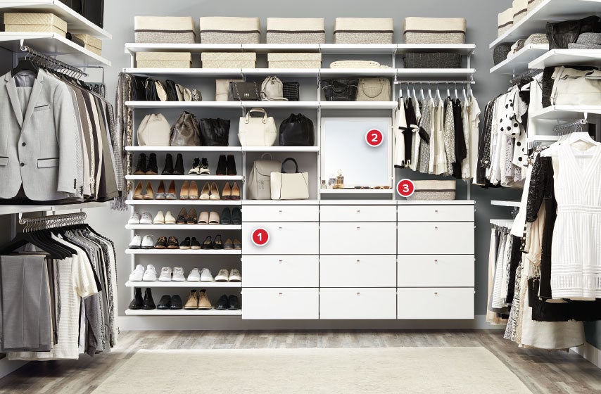 White Elfa Décor His Hers Walk In Closet